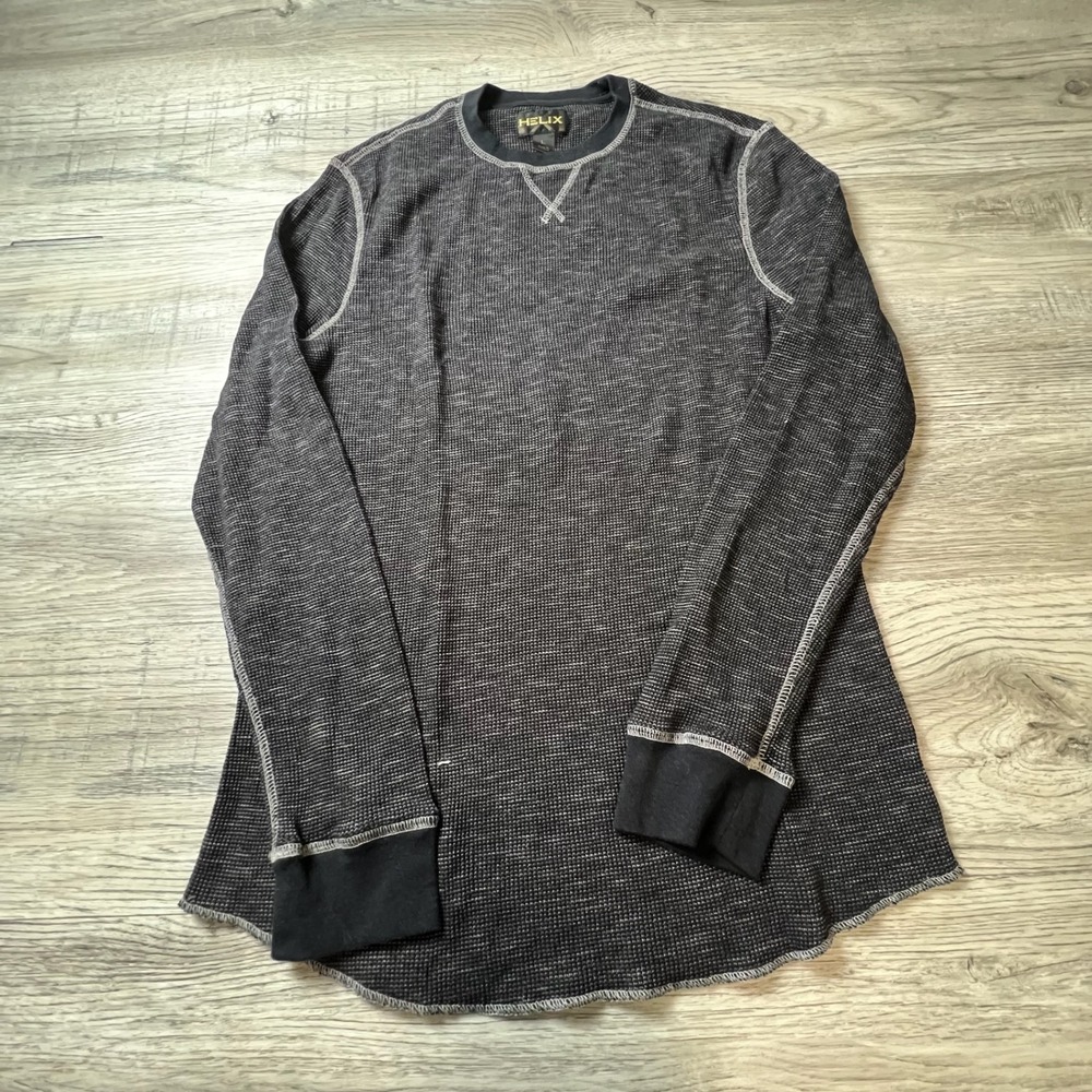 Helix Thermal Shirt Men Large Black Gray Waffle Knit Long Sleeve Contrast Stitch